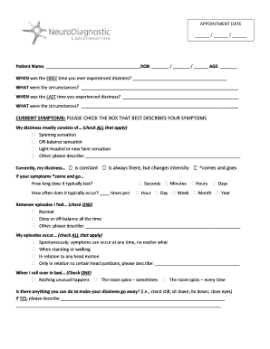 Dizziness Symptom Checklist and VNG Testing Consent