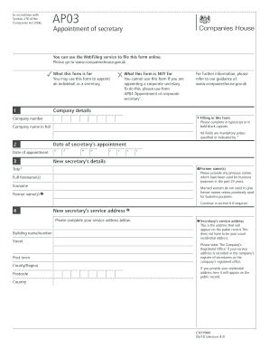 UK AP03 Appointment of Secretary Form