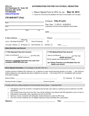 CPA Pre-Tax Payroll Reduction Authorization
