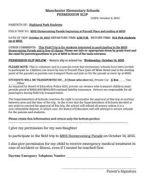 Homecoming Parade Permission Slip - Manchester Public Schools