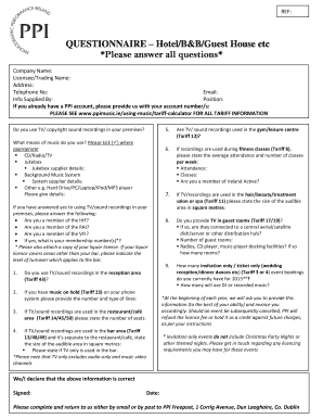 PPI Music License Questionnaire for Irish Hotels