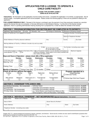 Application for Child Care Facility License