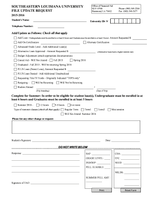 Southeastern Louisiana University Financial Aid Update Request