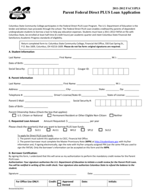 2011-2012 Parent Federal Direct PLUS Loan Application
