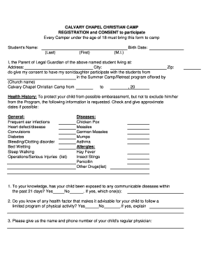 Calvary Chapel Christian Camp Registration and Consent