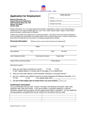 Mosaica Education Employment Application
