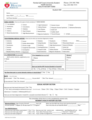Florida Gulf Coast University Health History Form