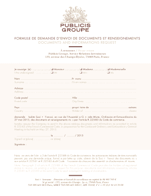 FORMULE DE DEMANDE D’ENVOI DE DOCUMENTS ET RENSEIGNEMENTS