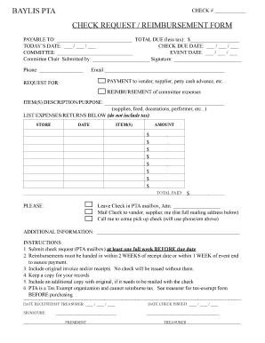 BAYLIS PTA CHECK REQUEST / REIMBURSEMENT FORM - baylispta