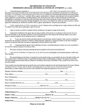Archdiocese of Cincinnati Permission and Medical Power of Attorney