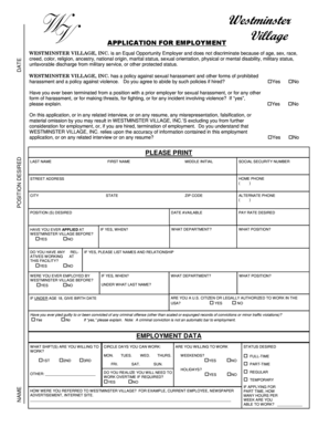 Westminster Village Employment Application