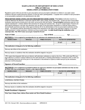 Maryland Child Care Medication Authorization Form