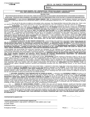 Mountain Creek Race Program Waiver