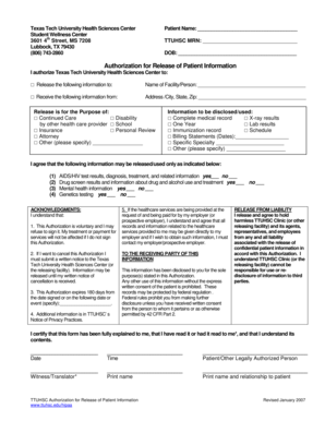 Texas Tech University Health Sciences Center Authorization for Release of Patient Information