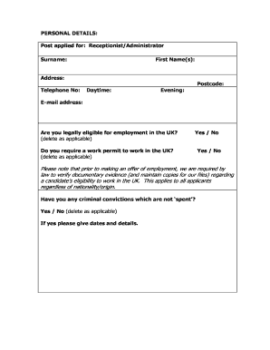 UK Receptionist Administrator Application Form