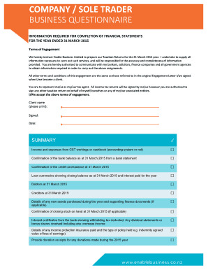 Business Questionnaire for Financial Statements