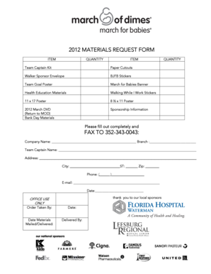 2012 March of Dimes Materials Request Form