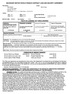 SECONDARY MOTOR VEHICLE FINANCE CONTRACT LOAN AND SECURITY AGREEMENT