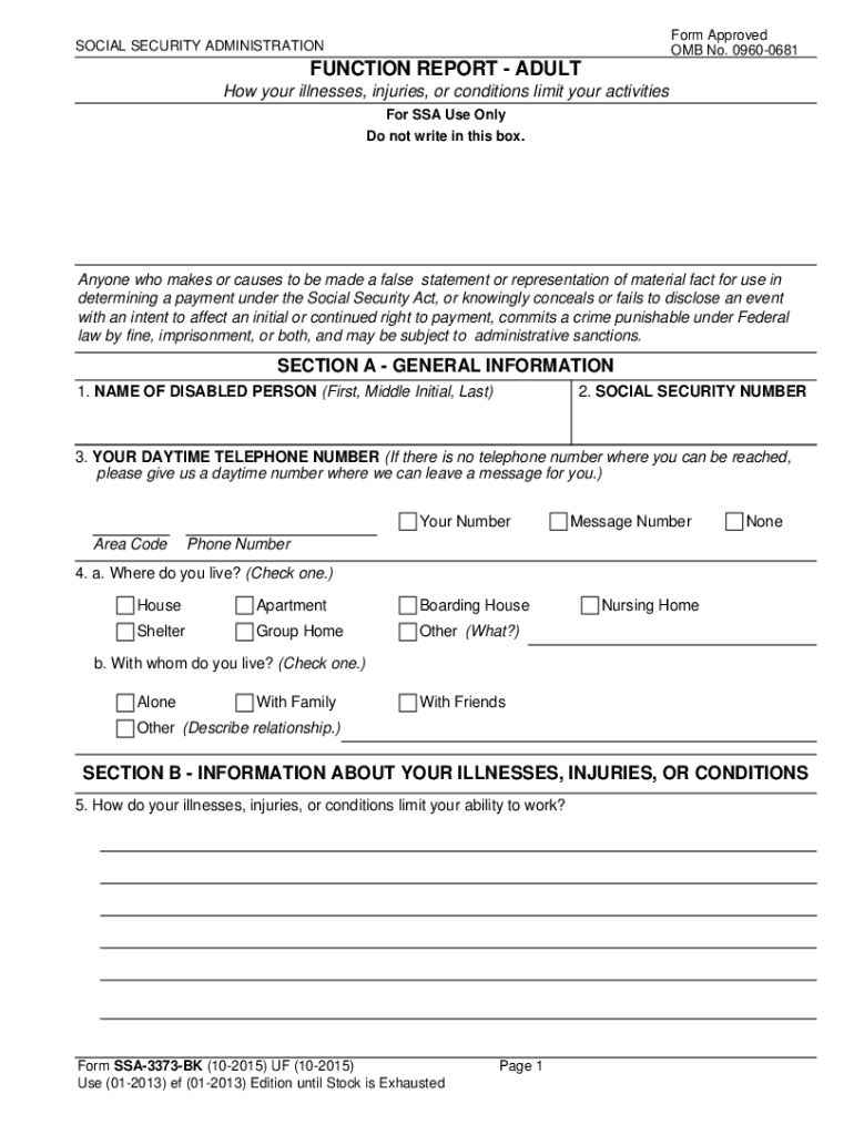 Fillable Online Ssa SSA 3373 BK Function Report Adult Ssa Fax Email