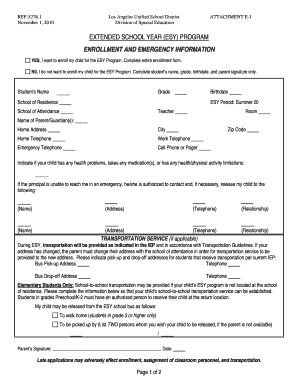 Extended School Year Program Enrollment Form