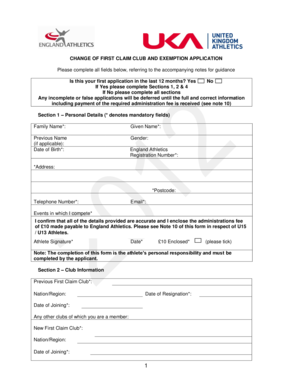 Change of First Claim Club and Exemption Application