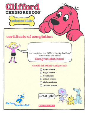 Certificate of Completion for Clifford the Big Red Dog Science Club