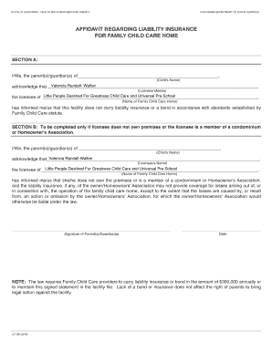 California Family Child Care Liability Insurance Affidavit