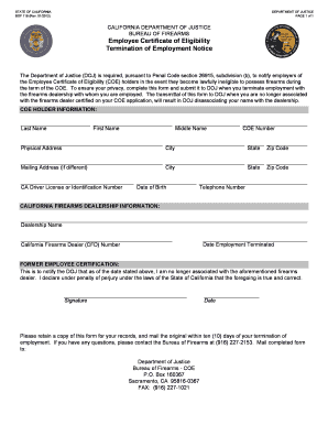 California Employee Certificate of Eligibility Termination Notice