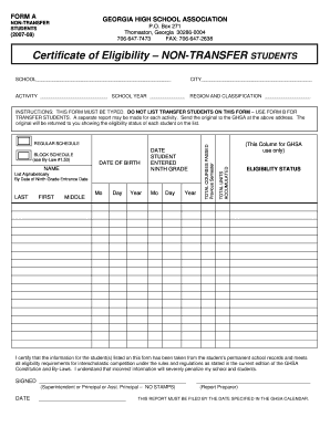 Georgia High School Association Certificate of Eligibility