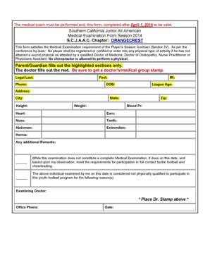 Southern California Junior All American Medical Examination Form