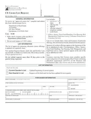 California Real Estate Continuing Education Course List Request
