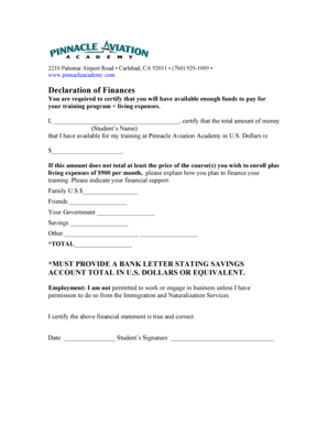 Declaration of Finances form - Pinnacle Aviation Academy