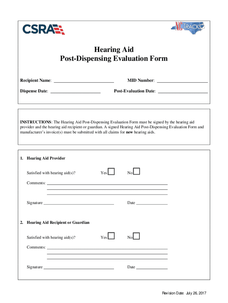 Hearing Aid Post-dispensing Evaluation Form Preview on Page 1