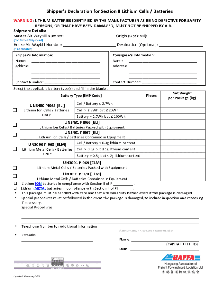 Shipper s Declaration for Section Ii Lithium Cells Batteries Preview on Page 1