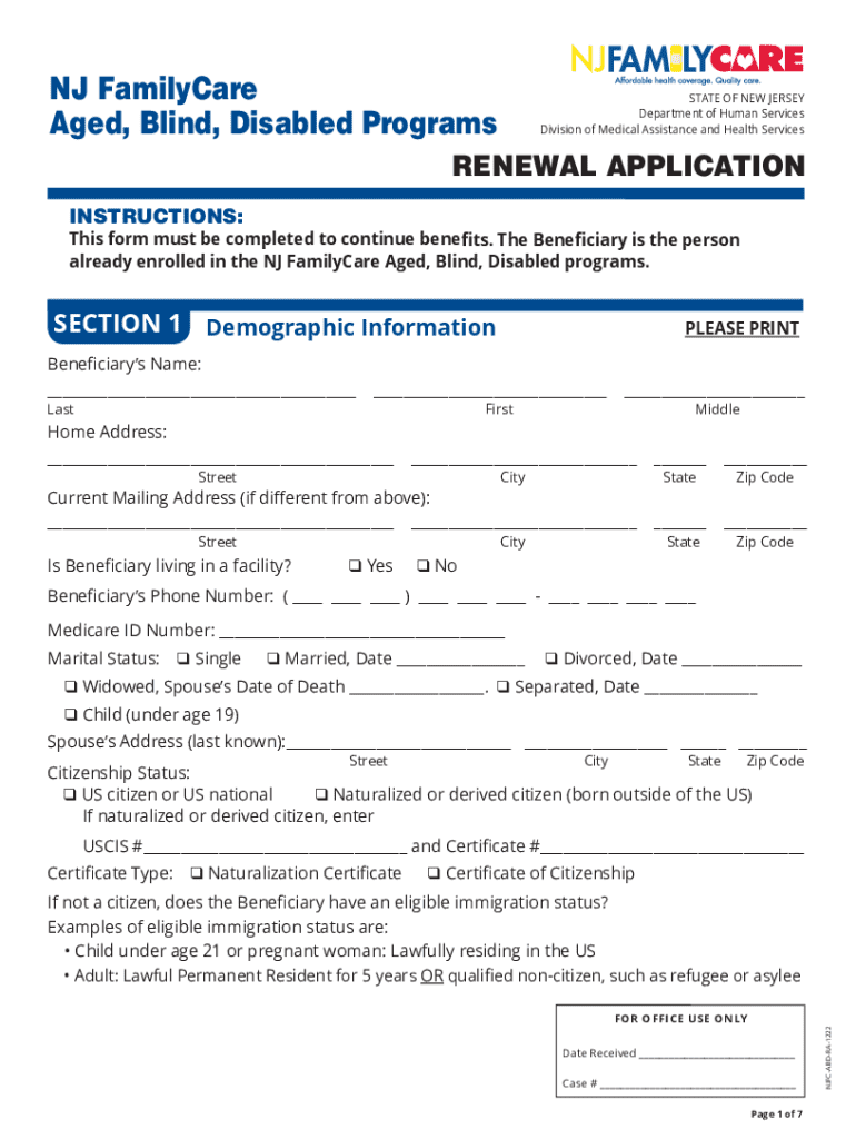 NJ FamilyCare Renewal Application Preview on Page 1