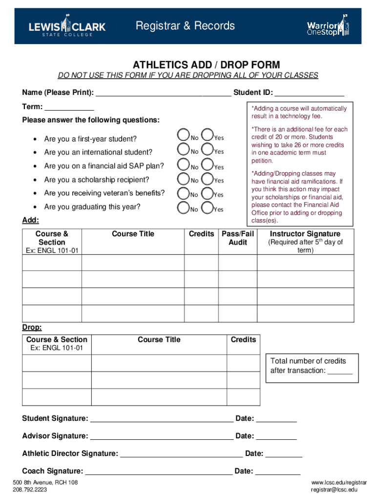 Fillable Online Athletics Add/drop Form Fax Email Print - pdfFiller