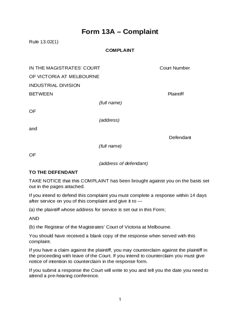 Form 13a - Complaint Preview on Page 1