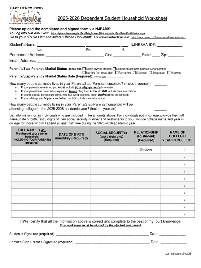 Fillable Online Dependent Student Household Worksheet Fax Email Print