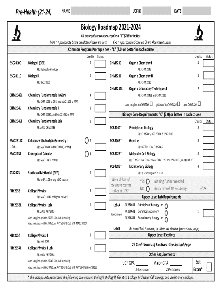 Fillable Online Biology Major B.s. Prehealth Track Fax Email Print
