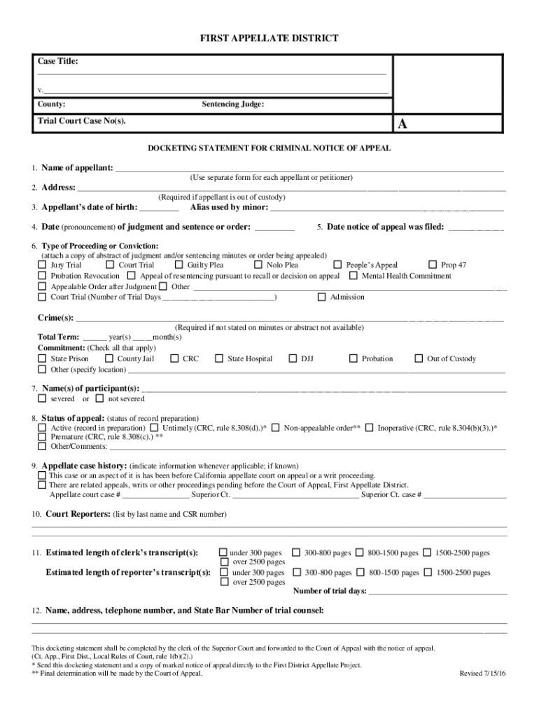 Docketing Statement for Criminal Notice of Appeal Preview on Page 1
