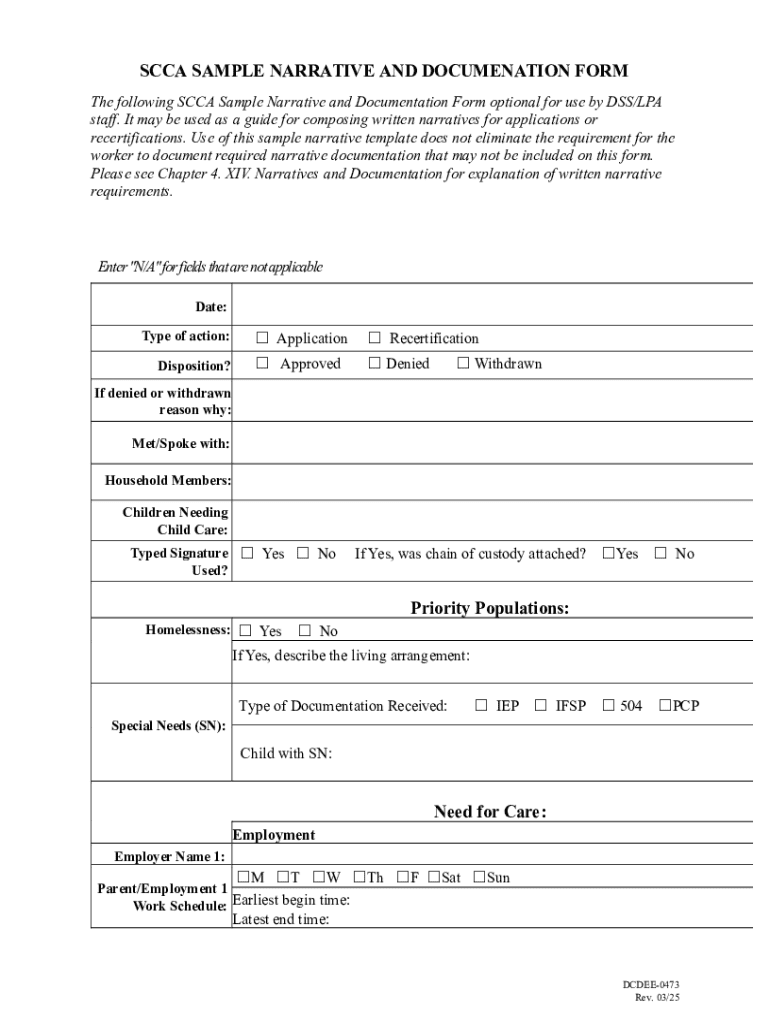 Scca Sample Narrative and Documentation Form Preview on Page 1