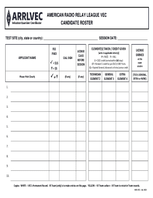 Fillable Online Candidate Roster for Arrl Vec Exam Session Fax Email ...