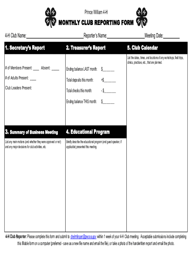 Monthly Club Reporting Form Preview on Page 1