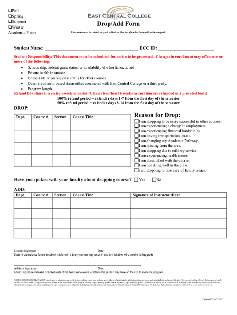 Fillable Online Drop/add Form for East Central College Fax Email Print ...