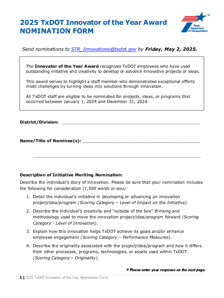 2025 Txdot Innovator of the Year Award Nomination Form Preview on Page 1