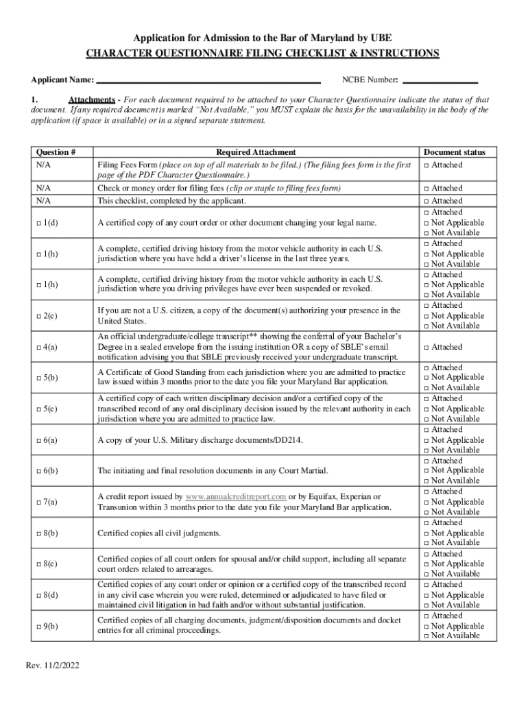 Application for Admission to the Bar of Maryland by Ube Preview on Page 1