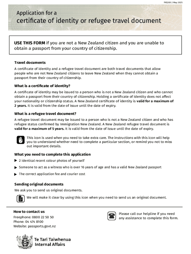 New Zealand Certificate of Identity or Refugee Travel Document Application Preview on Page 1