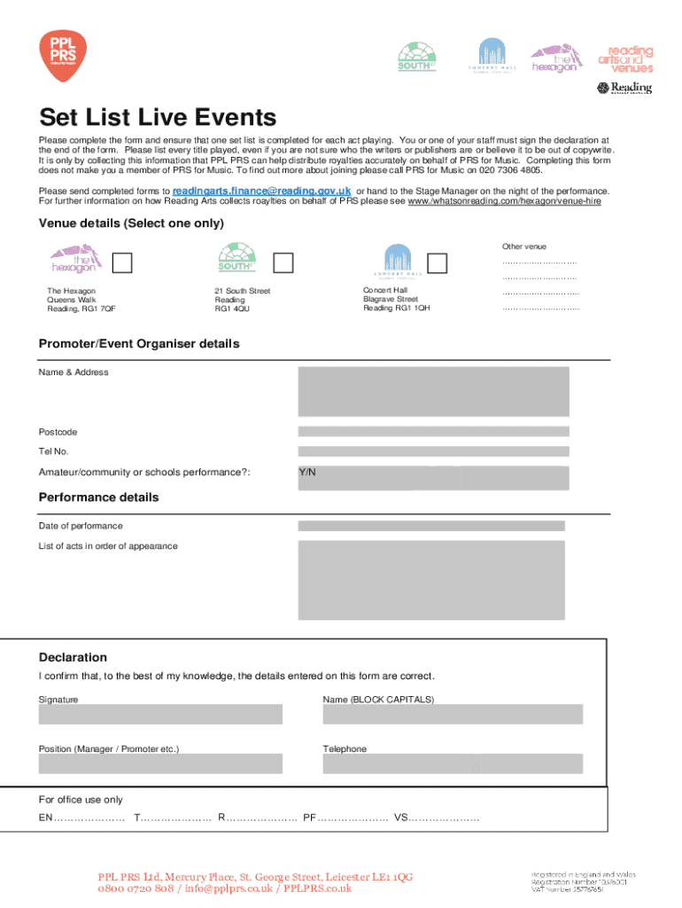 Set List Live Events Form - Blank Fillable Template | Fill Out, Print ...
