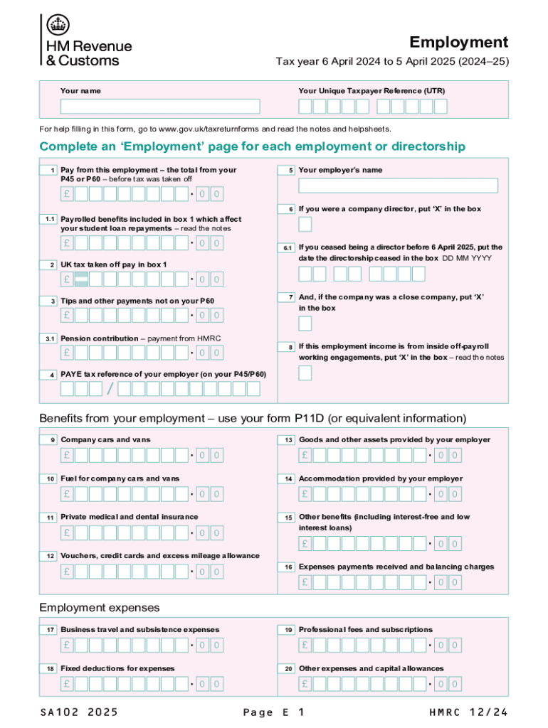 Employment (2025) Use the SA102(2025) supplementary pages to record your employment details when fil Preview on Page 1