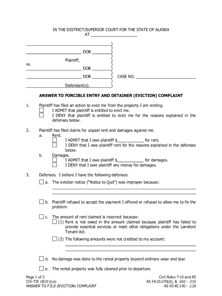 Answer to Forcible Entry and Detainer (eviction) Complaint Preview on Page 1